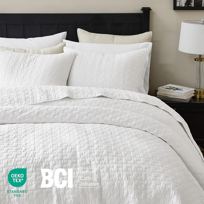 palassio White 100% Cotton Quilt King Size Bedding Sets with 2 Pillow Shams, Textured Lightweight Soft Bedspread Shabby Chic Coverlet, Quilted Comforter Bed Cover for All Season, 3 Pieces