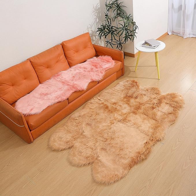 linmopm Faux Fur Sheepskin Rug, Beige, 4x6 ft | Shag Fluffy Fuzzy, High-Density Cushion, For Bedroom Bedside Living Room, Plush Carpet, Sofa Cover