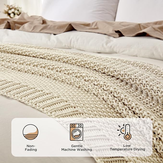 Joydeco Chunky Cable Knit Throw Blanket, Lightweight 100% Cotton Soft Cozy Throw Twin Blanket for Couch Bed and Sofa, Rustic Breathable Farmhouse Blanket Gift for Women Men(Cream White, 51"x63")