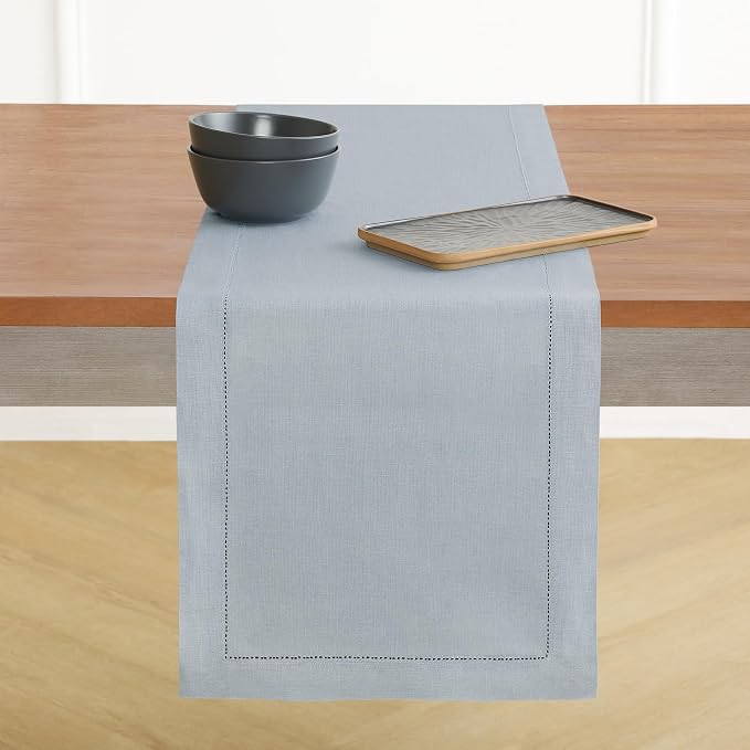 Solino Home 100% Pure Linen Table Runner Dusty Blue Hemstitch, 14 x 156 in | Classic Hemstitch, a graceful centrepiece for dining and gatherings, hemstitched border, mitered corners, OEKO-TEX Certified