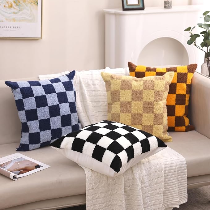 Alysheer Checkered Embroidered Throw Pillow Covers 18"x 18" 2pc Black White