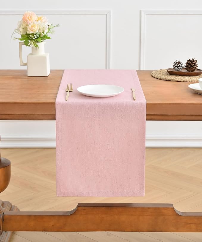 Wracra Linen Table Runner, Burlap Pink Table Runners 108 Inches Long | Rich Woven Linen Blend Fabric, Machine Washable, Rustic Farmhouse Handcrafted Table Runner for Dresser Dining Table Decor