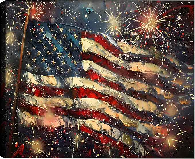 Framed 4th of July Fireworks American Flag Wall Art, Patriotic USA Canvas Art Pictures, Flag Wall Decor for Living Room Man Cave Bar, Ready to Hang Made in USA
