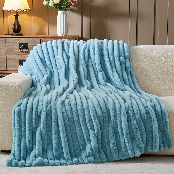 NEWCOSPLAY Faux Fur Ribbed Twin Blanket for Couch, Blue, 60"x80" | Plush Soft Thick Warm Blanket for Couch Sofa Bed 850GSM, Fluffy Cozy Luxury Decorative Throw, Gift for Women Men