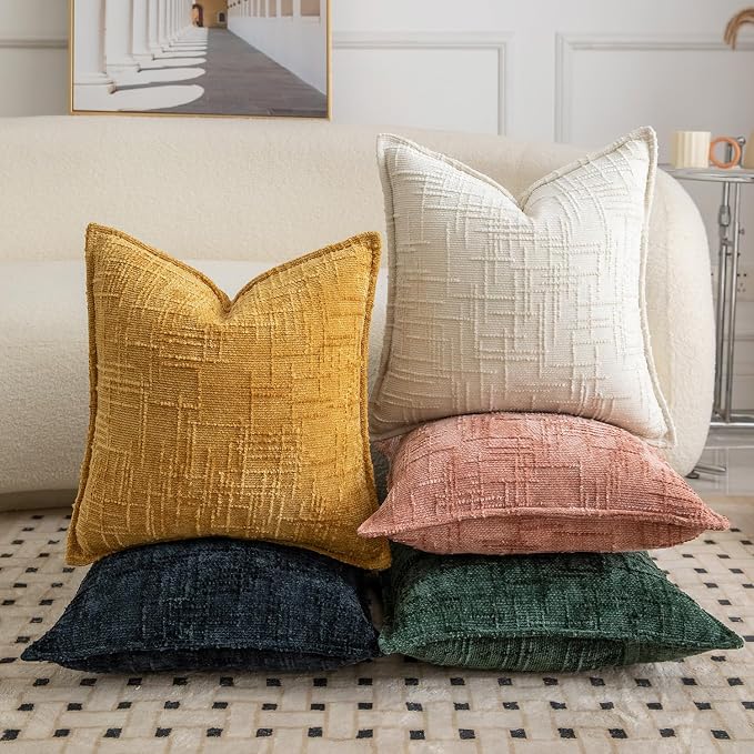 MADIZZ Pack of 2 Chenille Throw Pillow Covers 18x18 Inch Yellow Soft Neutral Decorative Throw Pillows for Couch Sofa Boho Accent Cushion Covers Modern Farmhouse Home Decor for Bedroom Living Room