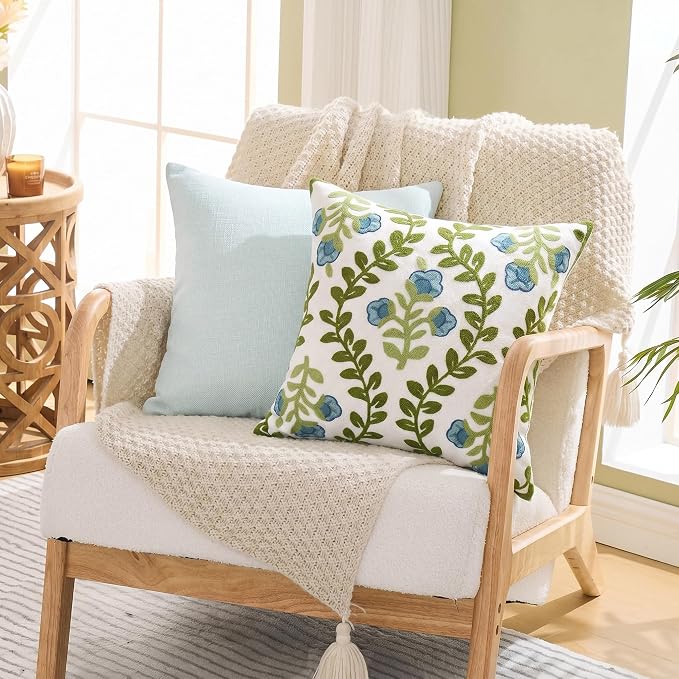 Alysheer Floral Embroidered Summer Decorative Throw Pillow Covers 18"x 18" Set of 2, Farmhouse Blue Flowers Green Vines Patterned Cotton Cushion Cases for Couch Bed Living Room Cottage Decor