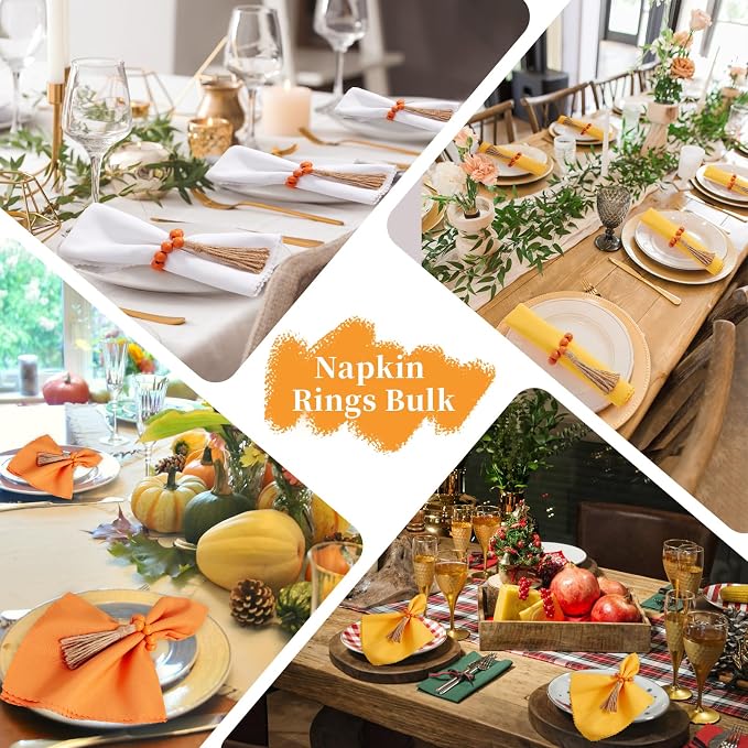 APTWOW Napkin Rings Set of 12, Wood Bead Napkin Rings for Fall Table Decor | Wooden, Orange, Fall Thanksgiving Napkins Rings, Easter Farmhouse Banquet,Wedding, Holiday Dinner Party, Christmas