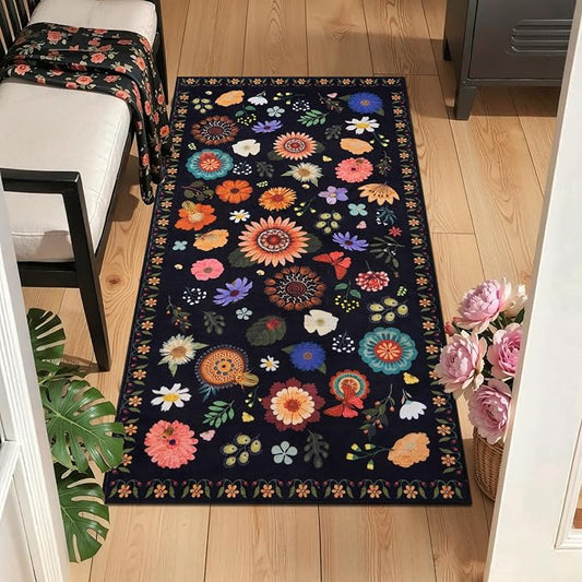 Ciicool 2x4 Small Rug for Entryway Runner Kitchen Floral Washable Area Rugs | Low Pile Soft Boho Non Slip Carpet for Entrance Hallway Laundry Bedroom Carpets