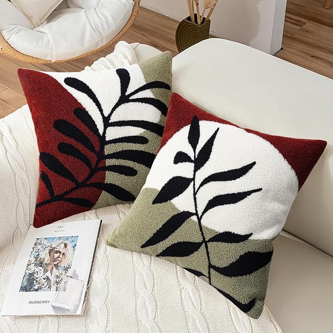 Merrycolor Boho Decorative Throw Pillow Covers 18x18 Tufted Green Decorative Pillows Covers Sun Leaf Mid Century Modern Throw Pillows for Bed Couch Sofa Living Room 1PC(Black and Red)