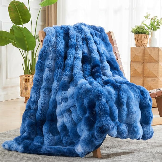 NEWCOSPLAY Faux Fur Bubble Throw Blanket for Couch, Tie-Dye Indigo, 50"x60" | Fluffy Soft Thick Warm Bubble Blanket for Couch Sofa Bed 700GSM, Plush Cozy Luxury Decorative Throw, Gift for Women Men