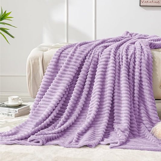 BEDELITE Ribbed Jacquard Lavender Fleece Twin Blanket for Bed, 60x80 Inch | Soft Warm Decorative Fluffy Blanket, Cozy Plush Lightweight Fuzzy Throw Blanket for Couch Sofa Room Decor, Gift for Women