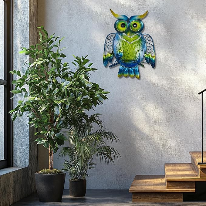 LIFFY Cute Metal Owl Wall Decor - Unique Outdoor Wall Art Decoration - Glass Hanging Wall Owl Decor Brighten Up Patio, Porch or Door, Garden Decoration, Birthday Gift Ideas