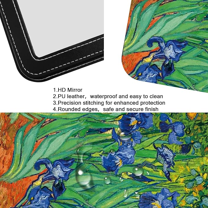 Desk Folding Mirror Portable, Travel Makeup Compact Mirror PU Portable Adjustable Rectangular Ultrathin Vanity Mirror with Stand, for Travel, Camping,Home, Office, Gifts (Van Gogh's Lrises)