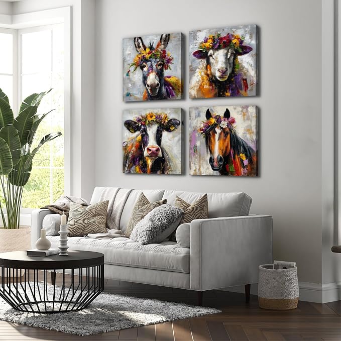 Set of 4 Farmhouse Animal Canvas Wall Art Dinner Room Decoration Abstract Colorful Cow Donkey Horse Sheep Wall Decor 20x20”, Large Vintage Farm Animals Theme Posters Paintings Countryside Artwork