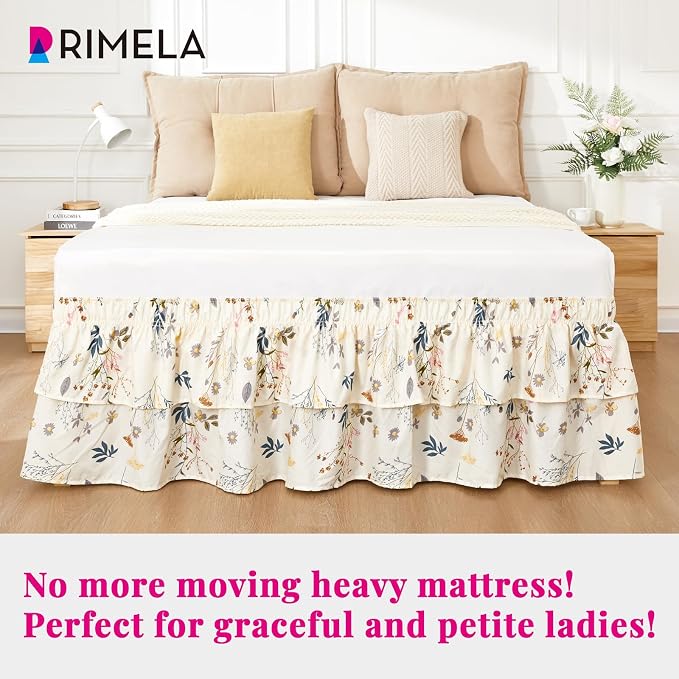RIMELA Ruffle Bed Skirt Balloon Flower Floral Queen 15 Inch Drop, Elastic Wrap Around Bed Skirting Queen Size, Easy to Install Dust Ruffle, Machine Washable Soft Fabric, Multi Ruffle Bedskirt