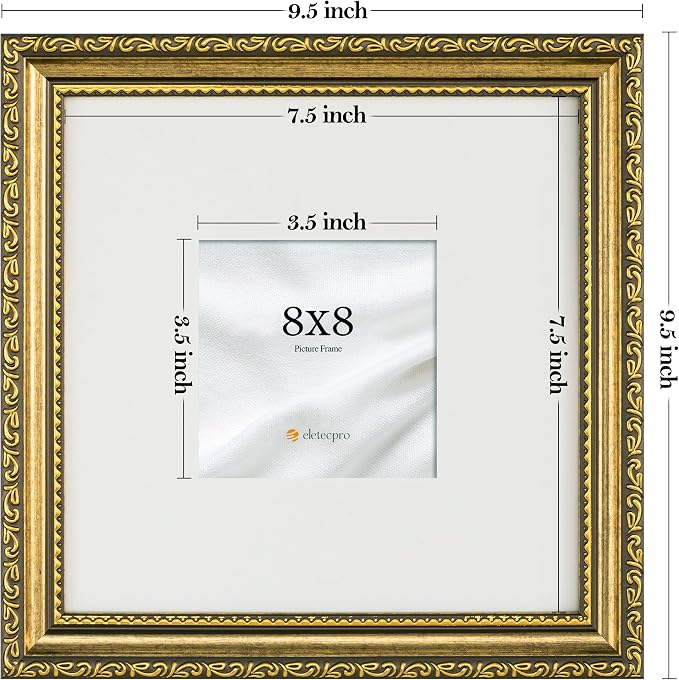 eletecpro 8x8 Vintage Picture Frame, Glass Cover, Gold, 2-Pack