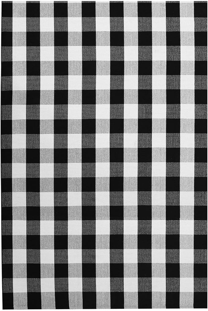 KOZYFLY Buffalo Plaid Area Rug 5x7 ft Living Room Rug, Black and White | Washable Checkered Rugs, Cotton Bedroom Rug, Woven Dining Room Rug, Indoor Outdoor Carpet for Farmhouse Patio Front Porch