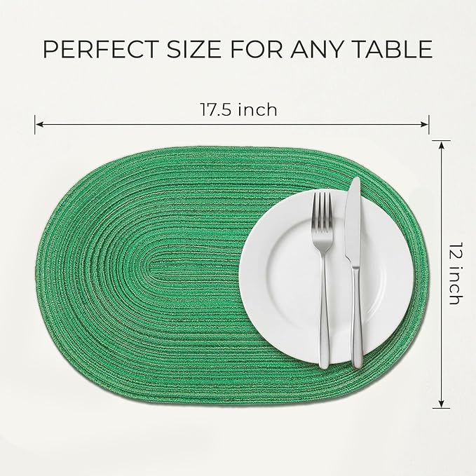 Placemats Set of 8, Woven Oval Braided Dining Table Mats(Green Shine) | 12 x 17.5 Inch Size Fits Plates and Flatware; Hand Washable and Heat Resistant for Kitchen Use, with Farmhouse and Boho Style