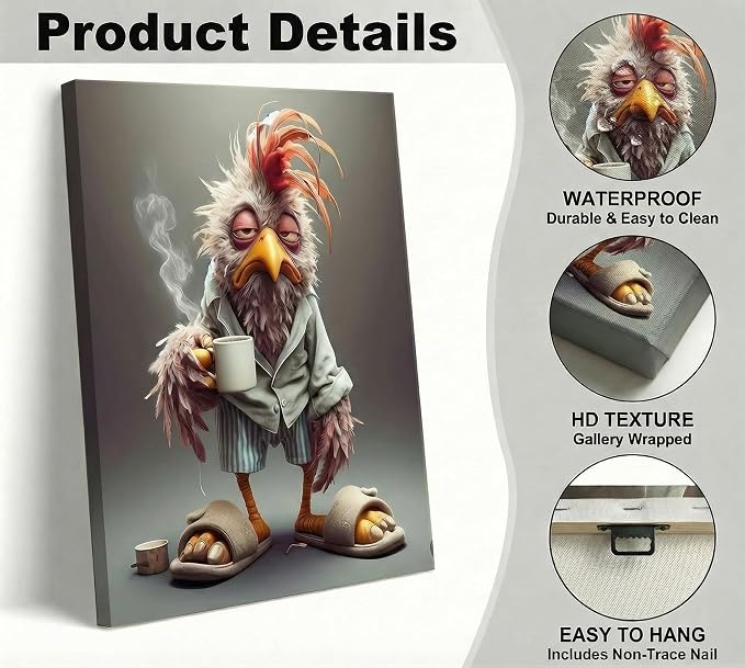 Funny Chicken Canvas Wall Art Stylish Chicken Wear Slippers Wall Decor | Picture Eclectic Animals Print for Dining Room Bar Cafes Family Artwork Home Decoration