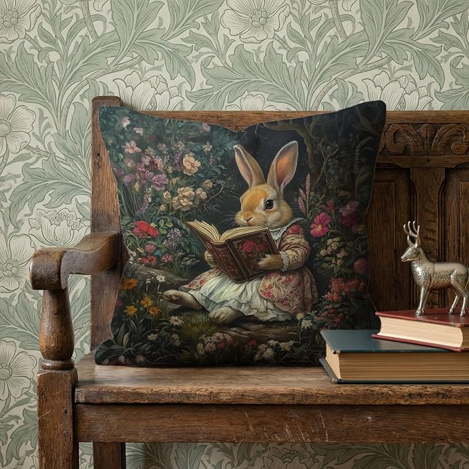 YOU FOUND ME Vintage Rabbit Flowers Decorative Throw Pillow Cover William Morris Inspired- Vintage Flower Gift Art Farmhouse Cushion Pillowcase for Sofa Couch Bed Outdoor Living Room Home Decor