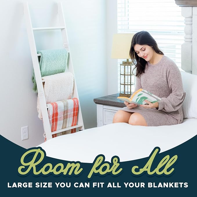 Blanket Ladder for the Living Room and Bedroom, Quilt Rack, 6-Tier, White | 5ft 8 inch, Wall Leaning Blanket Holder, Laminate Snag Free, Rustic Decorative Farmhouse Ladder Shelf for Blankets