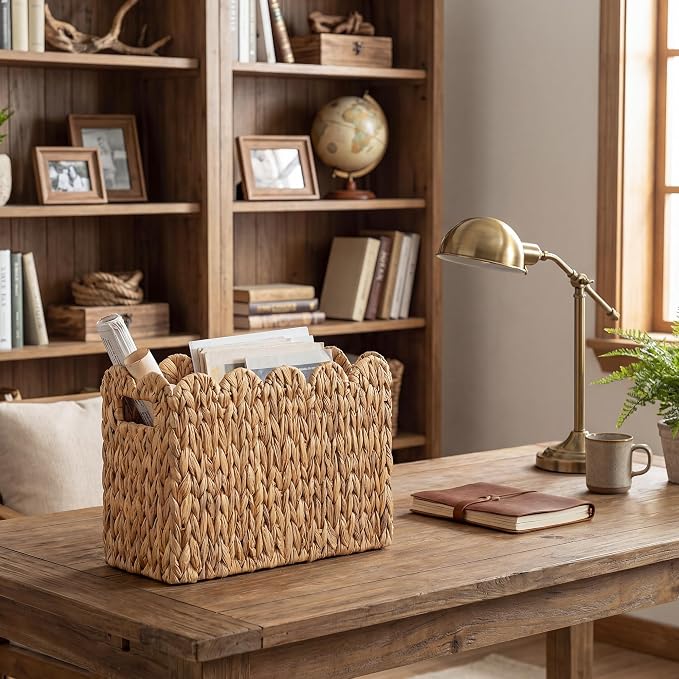 StorageWorks Scalloped Magazine Basket, Wicker Magazine Holder, Book Basket | Magazine Holder Bathroom, Mail Baskets for Counter, Hand-Woven Wicker Baskets, Rattan Magazine Rack for Bathroom, 1 Pack