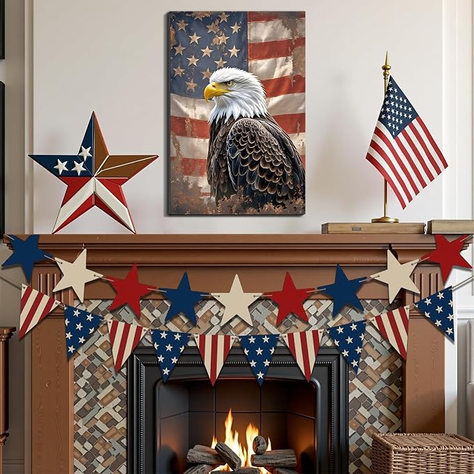 Framed Vintage Bald Eagle American Flag Wall Art, Patriotic Rustic Canvas Art Pictures, USA Eagle Wall Decor, Made in USA Ready to Hang for Office Man Cave