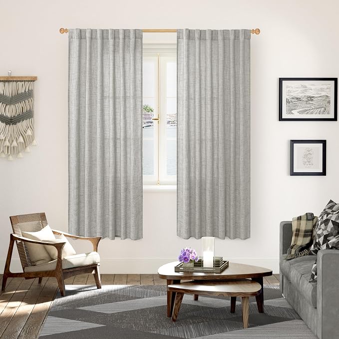 YoungsTex Dark Grey Linen Semi Sheer Curtains 2 Panels for Living Room | Light Filtering Window Treatments Textured Privacy with Back Tab Rod Pocket for Dining Bedroom, 52 X 72 Inch