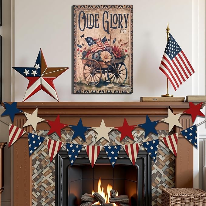 Framed Olde Glory 1776 American Flag Wall Art, Patriotic Vintage Canvas Art Pictures, USA Flag Flower Wall Decor, Made in USA Ready to Hang for Living Room Entryway