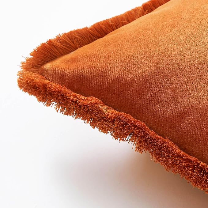 JUSPURBET Pack of 2 Rust Decorative Fringe Velvet Throw Pillow Covers 26x26 for Home Decor Living Room Bedroom Car Boho Soft Cushion Cover with Hidden Zipper Machine Washable