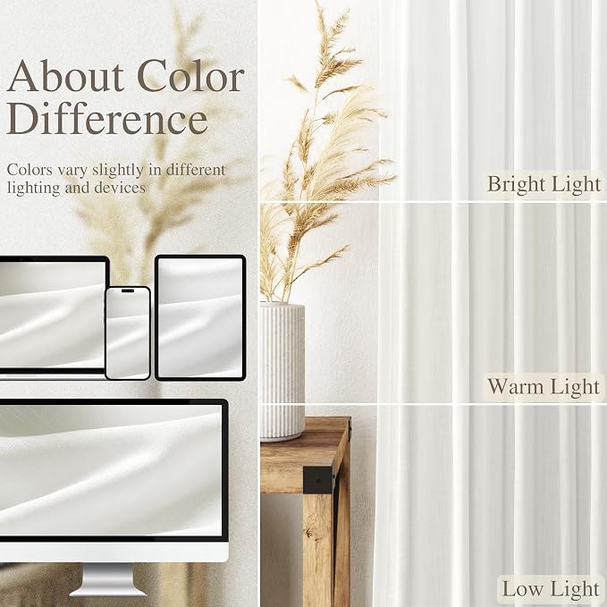 Extra Long Ivory Curtains 132 Inch Length 2 Panels Set Back Tab Neutral Farmhouse Drapes Light Filtering Semi Sheer Linen Curtain 132 Inches Long for Floor to Ceiling Window Patio Sliding Door