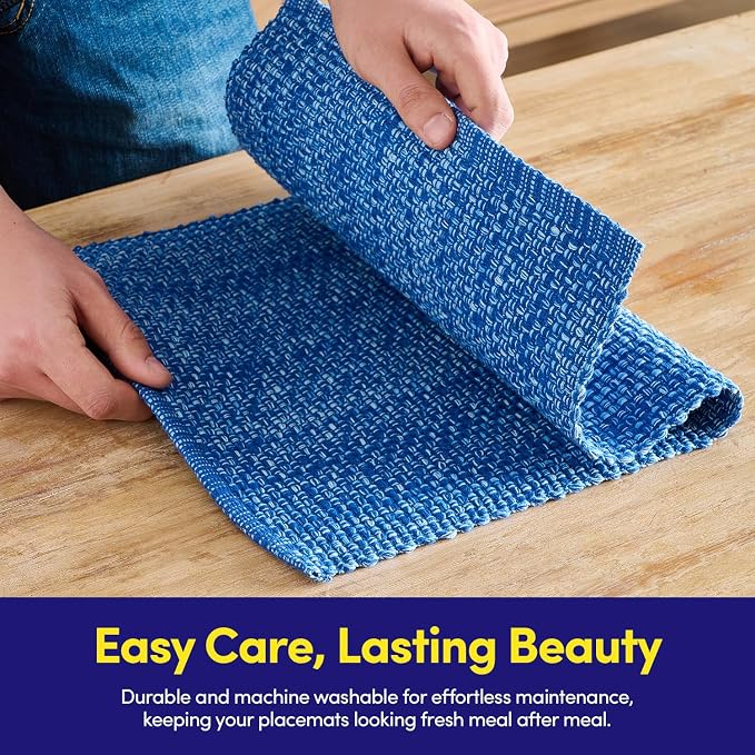 Sweet Home Collection 100% Cotton Placemats for Dining Room Rectangle Two Tone Woven Fabric 13" x 19" Soft Durable Table Mat Set, Set of 6, Dark Blue