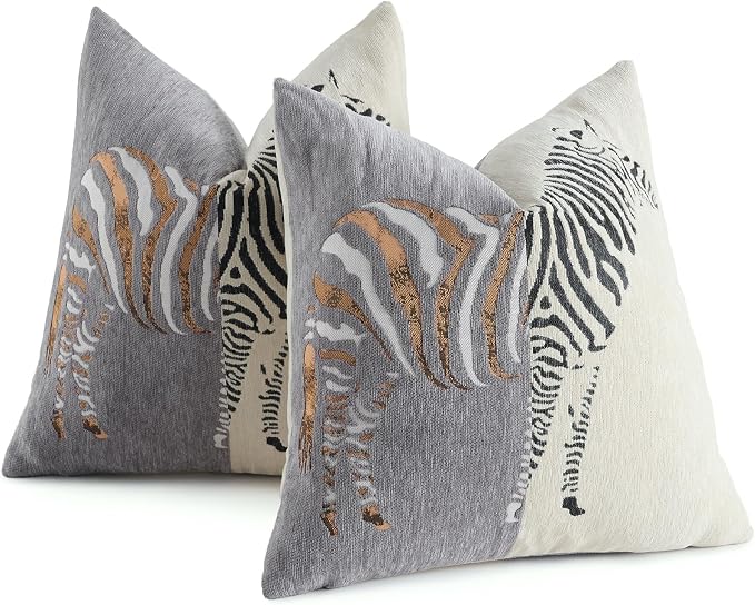 AmHoo Set of 2 Throw Pillow Covers Zebra Chenille Patchwork Decorative Pillows Cover Pillowcase for Sofa Couch Bed 18 x 18-Inch Gray