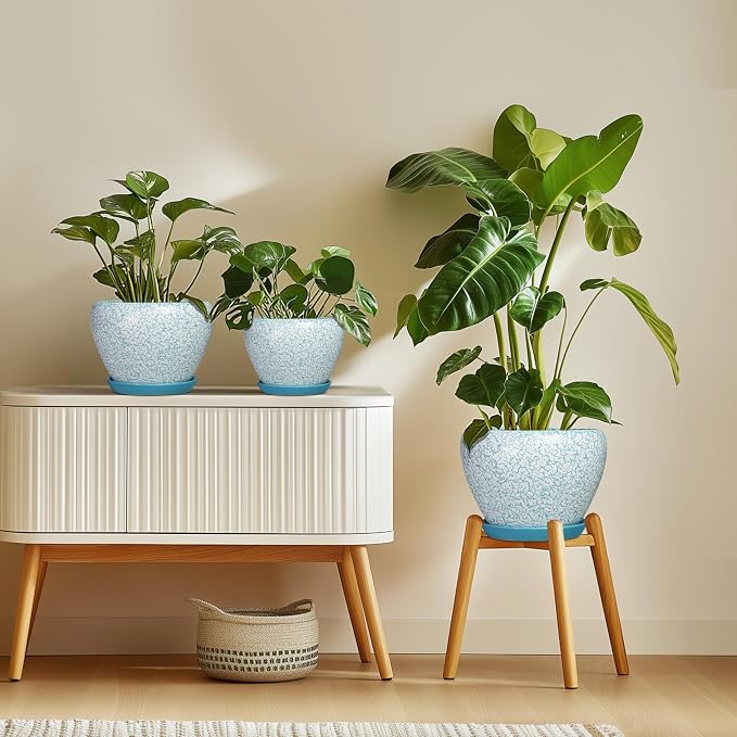 Ceramic Plant Pots, 8 Inch Indoor Plant Pots, Crackle Blue | Decorative Round Planters for Indoor Plants, Indoor Plant Pot with Drainage Hole and Tray, Home Decor, Gifts for Men Women