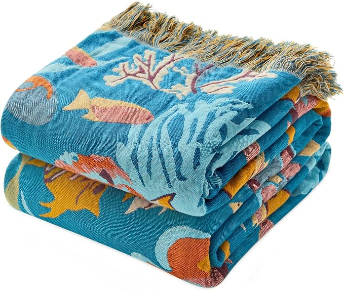 MSGKV Boho Throw Blanket 50"x60" 100% Cotton Ocean Blanket for Couch | Muslin Throw, Ocean Pattern, Reversible Woven, Lightweight Comfort, Farmhouse Decor, All Seasons, Machine Washable