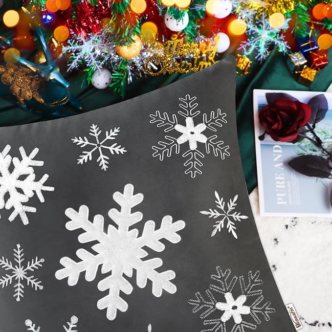 BRAWARM Christmas Pillow Cover 20 X 20 Inches, Gray Snowflake Embroidered Pillow Cover, Soft Velvet Decorative Throw Pillow for Couch Bed Sofa Living Room Home