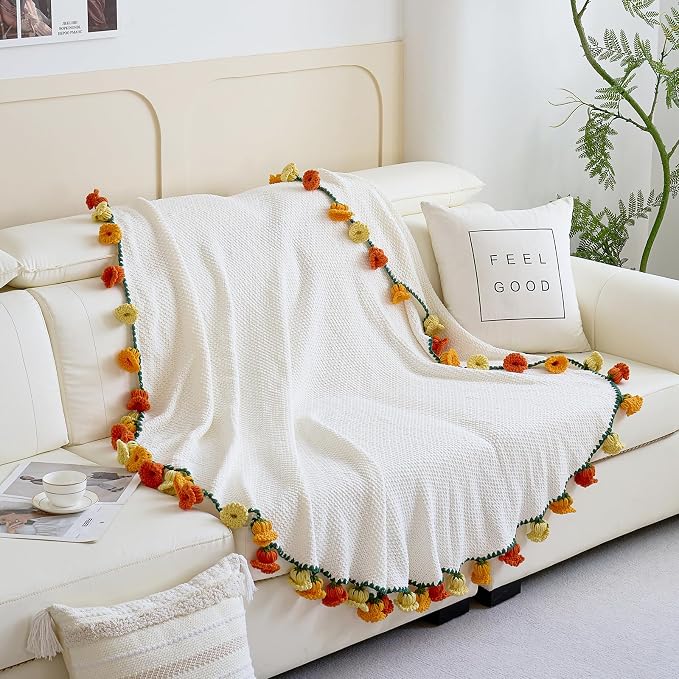 Crochet Flower Bouquet Throw Blanket, Handmade Knitted Blanket with Flowers, Cute Romantic Gift for Her Girlfriend Mom Mother’s Day Valentine Wedding Anniversary Birthday, Orange 40 Inches
