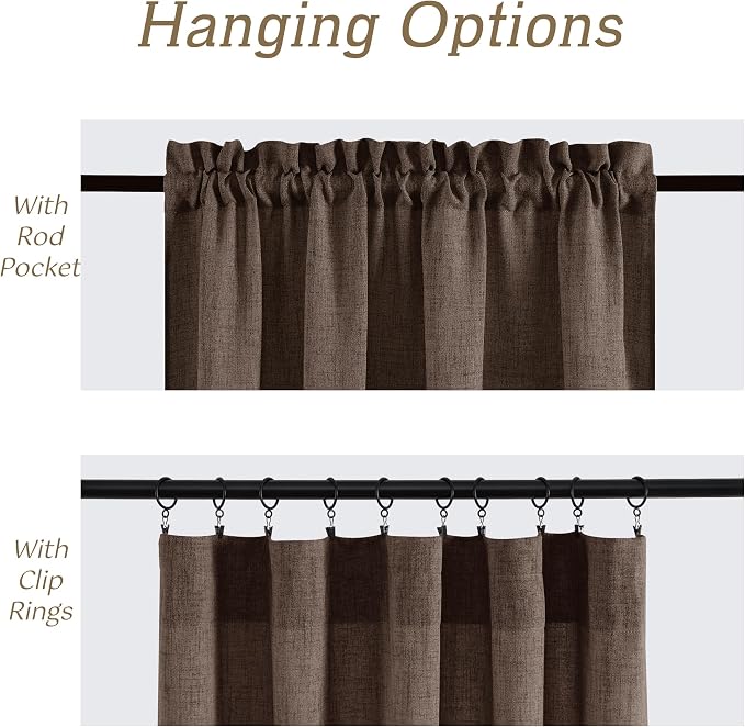 RYB HOME Linen Semi Sheer Curtains 90 inches Long for Living Room | Light Filtering, Half Privacy, Indoor Curtains & Drapes for Bedroom, Brown, W52 x L90, 2 Panels