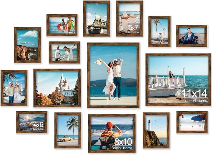 decorUhome 16 Pack Assorted Picture Frame Set for Wall & Tabletop, P0716DBN | Distressed Brown, Multi Size Picture Frame Includes Two 11x14 / Two 8x10 / Six 5x7 / Six 4x6 for Family Gallery Wall