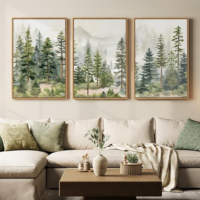 Large Framed Green Forest Landscape Wall Art for Living Room, 24x36 Inch | 3 piece, Nature, Pine tree, Woodland, Foggy mountain, Scenic, Pine tree print, Modern, Minimalist, Bedroom decor, Home office