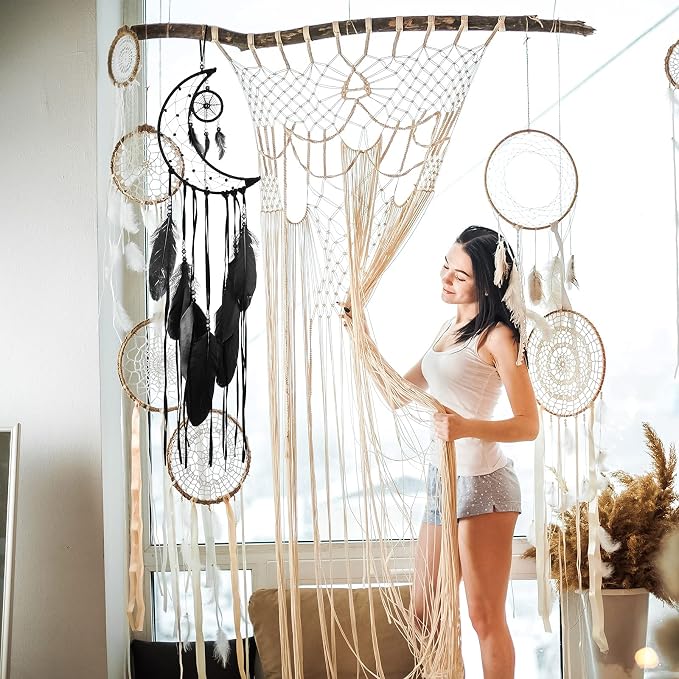 Jetec 3 Pcs Dream Catcher for Girl Star Sun Moon Decor, Light Black