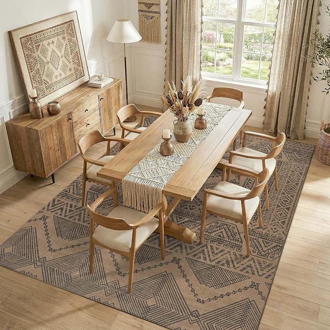jinchan 8x10 Faux Jute Area Rug Washable Boho Living Room Rug, Charcoal | Southwestern Geometric, Non-Slip, Low Pile, Indoor Outdoor, Natural Fiber Look, Dining Room, Deck, Backyard, Bedroom, Patio