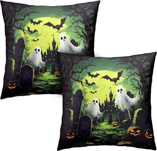 2 Pack Halloween Pillow Covers 16x16 Graveyard Ghost Throw Pillow Covers Horror Spooky Green Full Moon Night Pillow Case Bat Pumpkin Cushion Case for Holiday Party Decor Couch Sofa