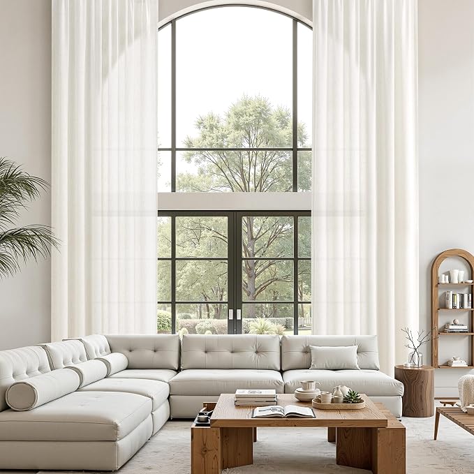 Extra Long Linen Curtains 216 Inches Long for Living Room Natural Cream Semi Sheer Curtain Rod Pocket 2 Panels Set Boho Farmhouse Light Filtering Window Drapes for Bedroom Beige Ivory 52x216