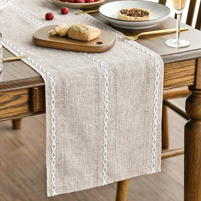 Artoid Mode Brown Rustic Cotton Linen Table Runner, Seasonal Embroidered Hollow Kitchen Dining Table Decoration for Home Party Decor 13x36 Inch