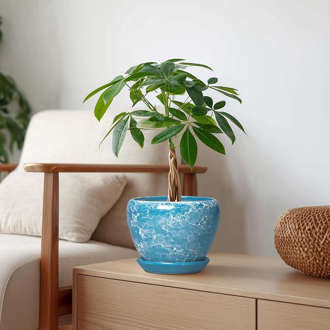 Ceramic Planters for Indoor Plants, 6 Inch Plant Pot, Bubble Blue | Round Plant Pots with Drainage Hole and Saucer, Modern Decorative Succulent Planter, Desk Decor, Gifts for Plant Lovers