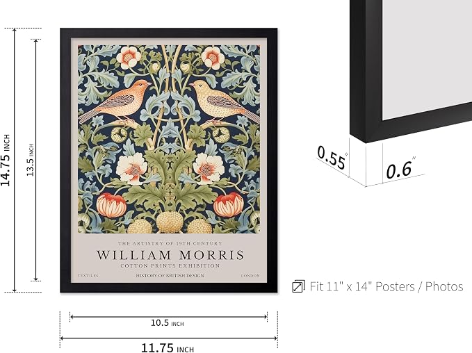 Poster Master William Morris Poster - Strawberry Thief Print - Bird Art - Botanical Art - Flower Artwork - Exhibition Creation - Animal Piece - Floral Illustration - Office or Bedroom Wall Decor - 11x14 Black Framed