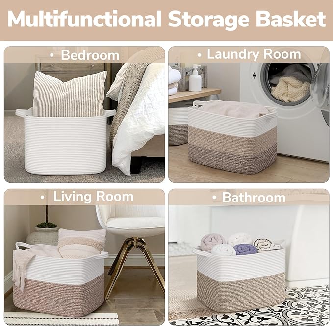 Goodpick 50L Large Woven Storage Basket, 18" x 14" x 12", White | Stylish Gift Basket for Home Decor, Cotton Rope Baskets for Blankets & Toys Storage, Living Room & Bedroom Organization