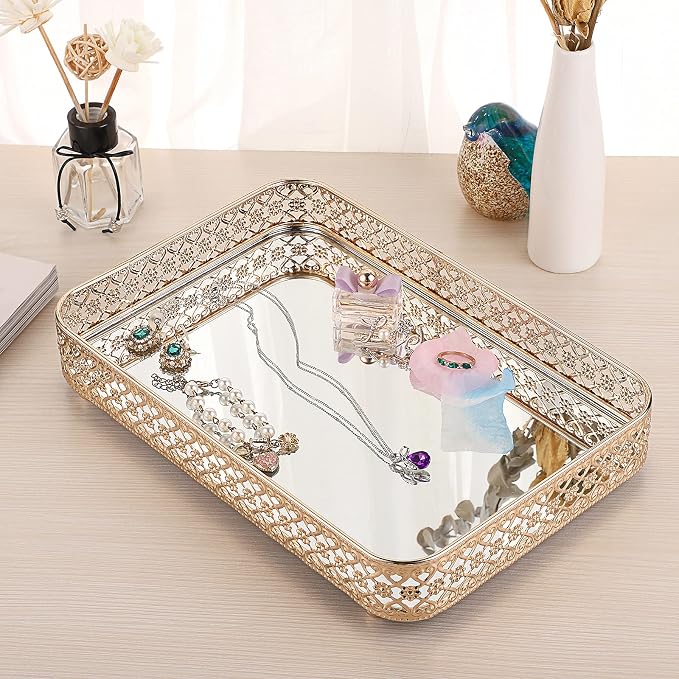 ELLDOO Gold Mirror Glass Perfume & Makeup Vanity Tray, Medium Size