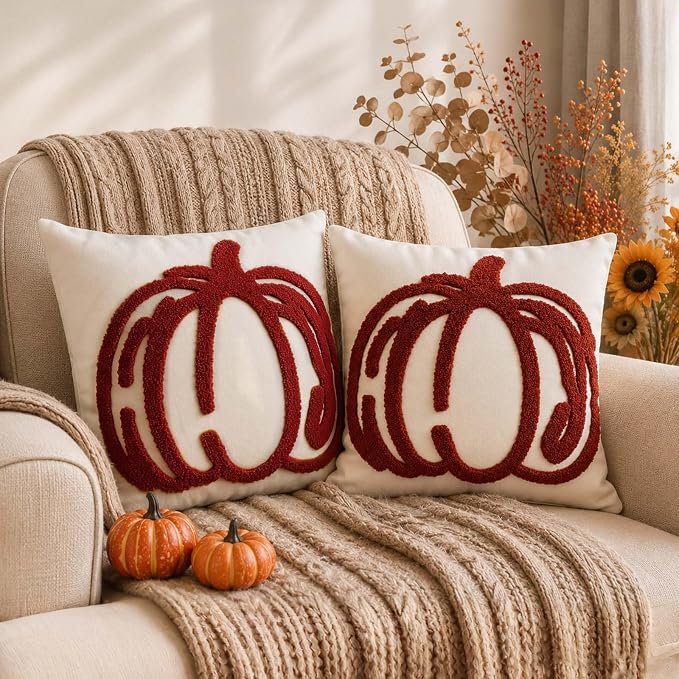 ONFAON Embroidered Fall Pumpkin Pillow Covers 18x18 Inch Set of 2 | Autumn Decor Throw Pillow Cover, Halloween Farmhouse Home Decor Throw Cushion Cases for Living Room Couch Sofa Bed